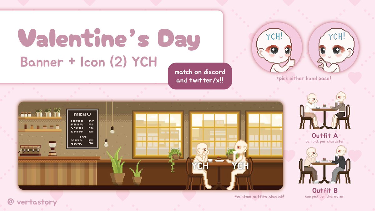 💌 Valentine's Day YCH Raffle 💌
2 winners, ends in 48h!! ych includes 2 icons and a banner 🫶

♡ how to enter
⤷ like + rt 
⤷ reply with your ref (optional)

one winner will be chosen randomly, and the other will be chosen from replies ^^

#ych #artraffle
