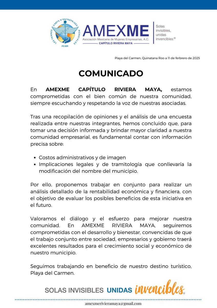 AmexmeRM's tweet photo. 📢 COMUNICADO AMEXME 📢
Reafirmamos nuestro compromiso con la comunidad empresarial y el desarrollo de la región. Creemos en la importancia del diálogo y el análisis detallado antes de cualquier cambio significativo.
#AmexmeRivieraMaya https://t.co/Ib25ihWBnY