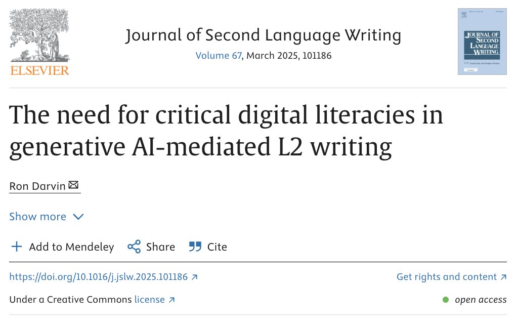 Happy to share my open access article on generative AI and the need to examine the inequalities and ideologies embedded in these tools, particularly as they shape the way we write ourselves into being. <a href="/UBC_LLED/">LLED</a>  sciencedirect.com/science/articl…