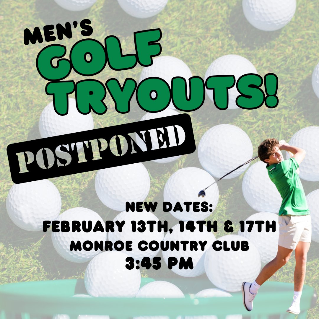 Due to inclement weather, Men's Golf tryouts will be moved to Thursday, February 13th, Friday, February 14th and Monday, February 17th, 3:45 pm at Monroe Country Club. See Mr. Lesley with questions!

@ucpsnc @aghoulihan