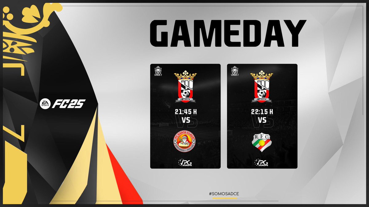 #MATCHDAY | 11/2/25 📆

Seguimos esta noche buscando remontar la noche anterior 🙏

🏆 <a href="/VPGPremier/">VPG Esports Premier</a>
🆚 <a href="/FCSantaClaus/">FC Santa Claus</a>
⏰ 21:45

🏆 <a href="/VPGPremier/">VPG Esports Premier</a>
🆚 <a href="/RamaldenseSport/">Ramaldense FC eSports</a>
⏰ 22:15

#SomosADCE
<a href="/ADCeuta_FC/">AD CEUTA FC</a>
<a href="/ADCeutaEsports/">ADCeuta Esports</a>