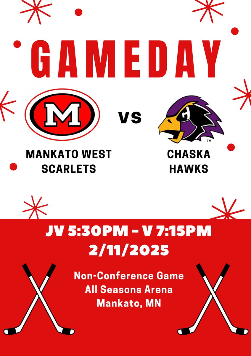 IT’S GAMEEE DAYYYYY!!!

Mankato West is back in action on home ice when the Chaska Hawks come to town for a non-conference matchup!

🆚 <a href="/CHSboyshockey/">Chaska Boys Hockey</a> (2AA)
⏰ JV 5:30pm - V 7:15pm
📍All Seasons Arena - Mankato, MN
📺 youtube.com/live/Tm0cFzF1E… 

#Grit #Compete #TrekToTheX #Family