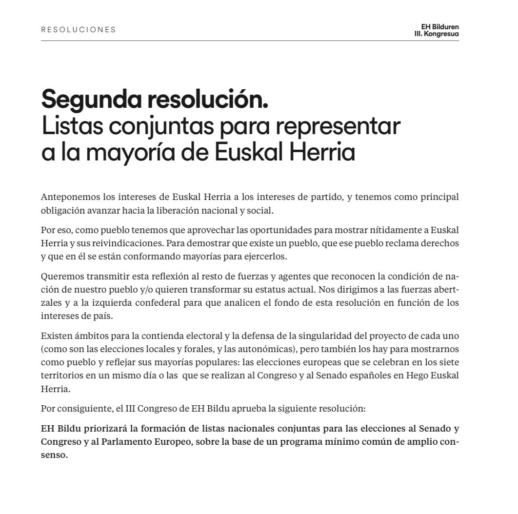 ❌ MENTIRA | EH Bildu no ha mencionado al PNV. En su resolución dice: "...priorizar la formación de listas nacionales conjuntas [...], sobre la base de un programa mínimo común de amplio consenso". Es una fórmula que usó EH Bai en Iparralde en julio para frenar a la ultraderecha.