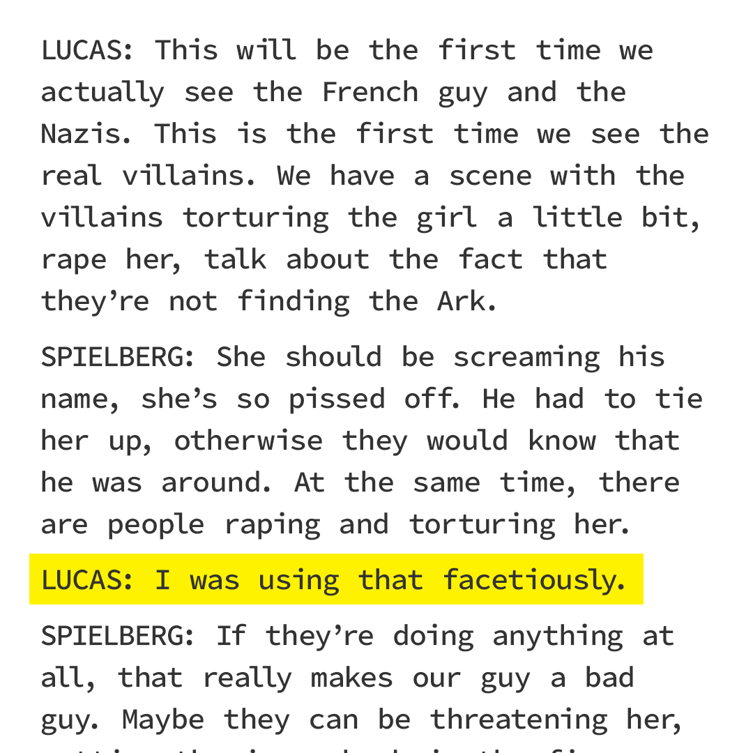 jaredisle's tweet photo. Reading the Raiders of the Lost Ark story conference transcript, and one of the more entertaining parts is the variety of ways Lucas shuts down Spielberg's ideas. https://t.co/jQ0cSyJsle
