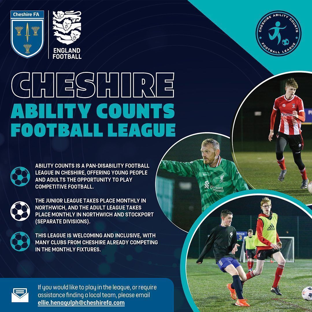 Cheshire Football Association (@cheshire_fa) on Twitter photo Can you help? Cheshire Ability Counts League is a pan-disability football league in Cheshire, offering young people and adults the opportunity to play competitive β½
If you're a player/manager looking to get involved, please contact Ellie via Ellie.Henagulph@CheshireFA.com Can you help? Cheshire Ability Counts League is a pan-disability football league in Cheshire, offering young people and adults the opportunity to play competitive β½
If you're a player/manager looking to get involved, please contact Ellie via Ellie.Henagulph@CheshireFA.com