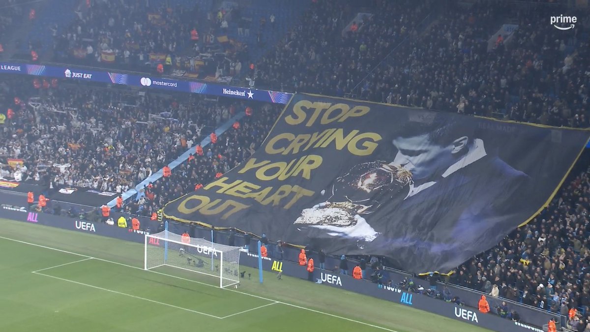 primevideosport's tweet photo. Man City fans unveil a banner aimed at Real Madrid, after they boycotted the Ballon d'Or awards...

#UCLonPrime https://t.co/sO00OSPb5J