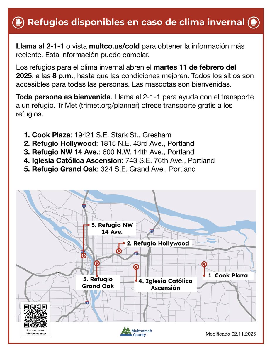 UPDATE FEB. 11, 2025: Help us spread the word!
Multnomah County will open 5 severe weather shelters tonight (Feb. 11) at 8 p.m. until noon Wednesday as the forecast calls for bitterly cold temperatures and wind. The Chair has extended the state of emergency so <a href="/trimet/">TriMet</a>  will not