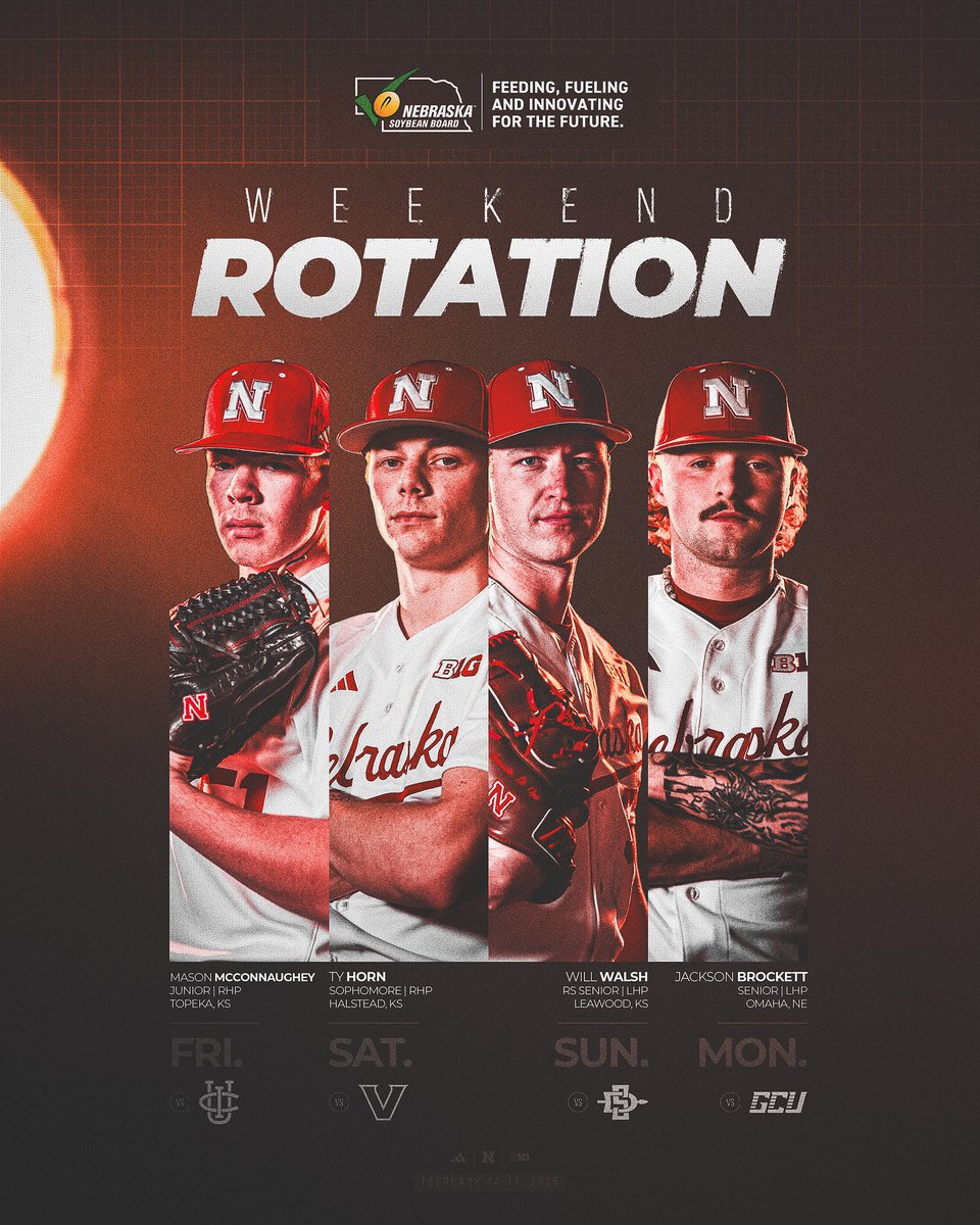 Nebraska Baseball (@huskerbaseball) on Twitter photo First look at our rotation ahead of opening weekend in the desert.
🗓️🔄 <a href="/NESoybeanBoard/">Nebraska Soybean Board</a> First look at our rotation ahead of opening weekend in the desert.
🗓️🔄 <a href="/NESoybeanBoard/">Nebraska Soybean Board</a>