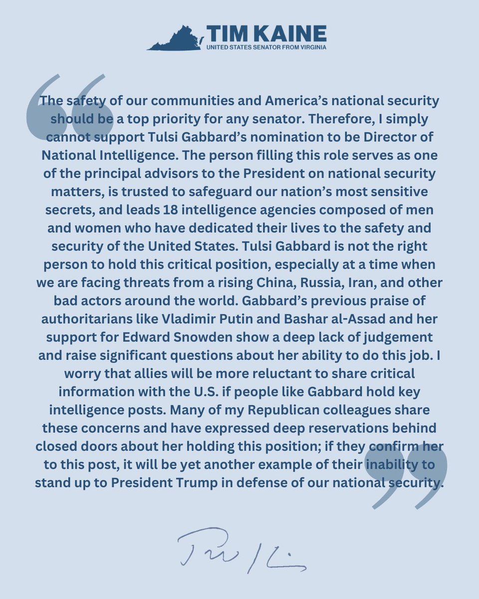 My statement ahead of the Senate’s vote on Tulsi Gabbard’s nomination to be Director of National Intelligence: