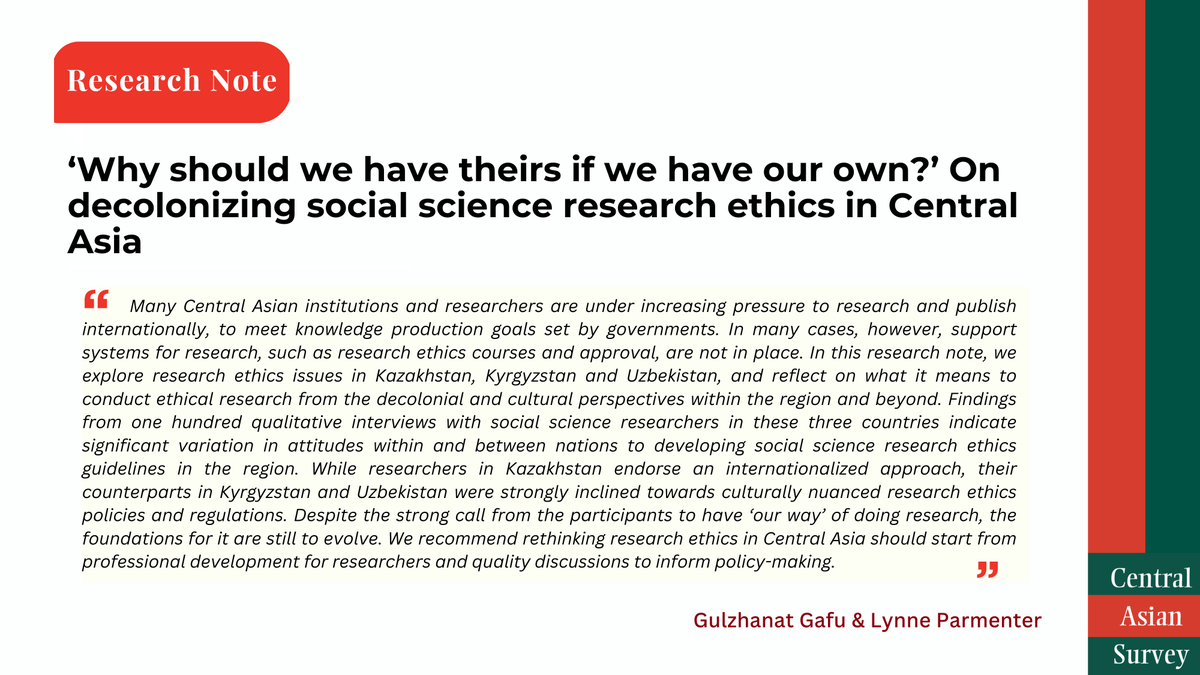 Central Asian Survey (@ca_survey) on Twitter photo "We explore research #ethics issues in #Kazakhstan, #Kyrgyzstan and #Uzbekistan, and reflect on what it means to conduct ethical research from the #decolonial and #cultural perspectives"
🥳NEW Research Note from <a href="/GGafu/">Gulzhanat Gafu</a> and Lynne Parmenter: doi.org/10.1080/026349… "We explore research #ethics issues in #Kazakhstan, #Kyrgyzstan and #Uzbekistan, and reflect on what it means to conduct ethical research from the #decolonial and #cultural perspectives"
🥳NEW Research Note from <a href="/GGafu/">Gulzhanat Gafu</a> and Lynne Parmenter: doi.org/10.1080/026349…