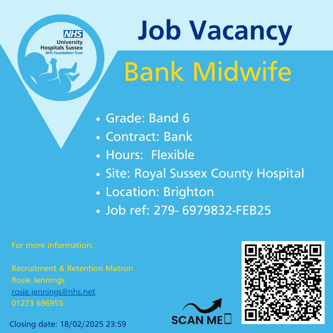 Join us as a bank only Midwife in our diverse unit at Brighton! Specialise in both complex AND low risk care including:
Extreme prematurity (Level 3 NICU)
Specialist Maternal Medicine Clinic
CoC Teams
Award Winning Homebirth Service
Apple now: bit.ly/42PtGqE