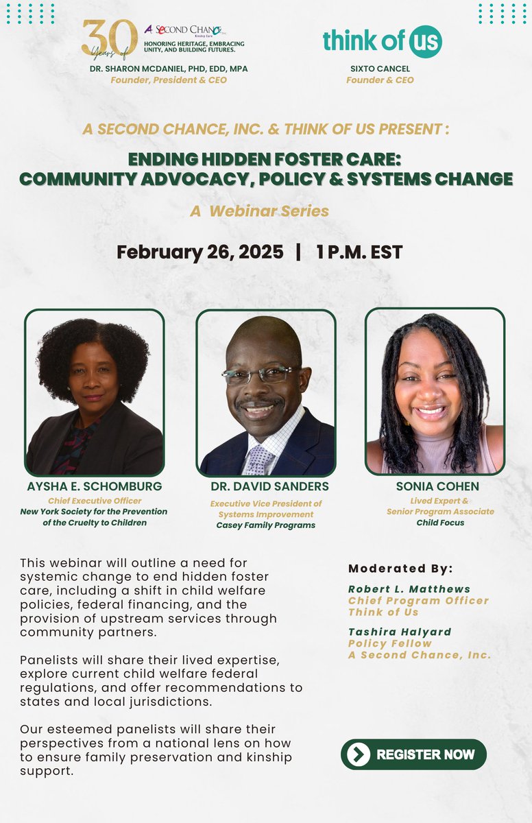 A Second Chance, Inc. (@asci_kinship) on Twitter photo Join #ASCI & <a href="/thinkof_us/">Think of Us</a> for a webinar on 2/26/25 at 1 PM EST! We’ll discuss the need for systemic change to end hidden foster care with expert panelists. Don’t miss this important conversation—RSVP now! #FosterCareReform #HiddenFosterCare
asecondchance-kinship.com/ascis-webinar-… Join #ASCI & <a href="/thinkof_us/">Think of Us</a> for a webinar on 2/26/25 at 1 PM EST! We’ll discuss the need for systemic change to end hidden foster care with expert panelists. Don’t miss this important conversation—RSVP now! #FosterCareReform #HiddenFosterCare
asecondchance-kinship.com/ascis-webinar-…