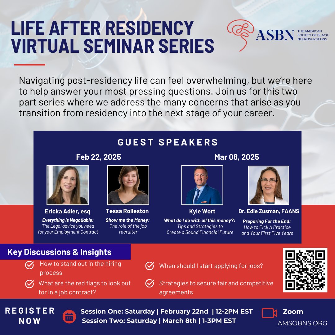 The American Society of Black Neurosurgeons, Inc. (@amsobns) on Twitter photo ⏳ Time is Running Out! Feeling lost on your next career move? Don’t let post-residency stress hold you back! Get the insider knowledge you need to succeed. Register today! 🔗 l8r.it/Gnzr
#CareerSuccess #ASBNOrg #ASBNEvents ⏳ Time is Running Out! Feeling lost on your next career move? Don’t let post-residency stress hold you back! Get the insider knowledge you need to succeed. Register today! 🔗 l8r.it/Gnzr
#CareerSuccess #ASBNOrg #ASBNEvents