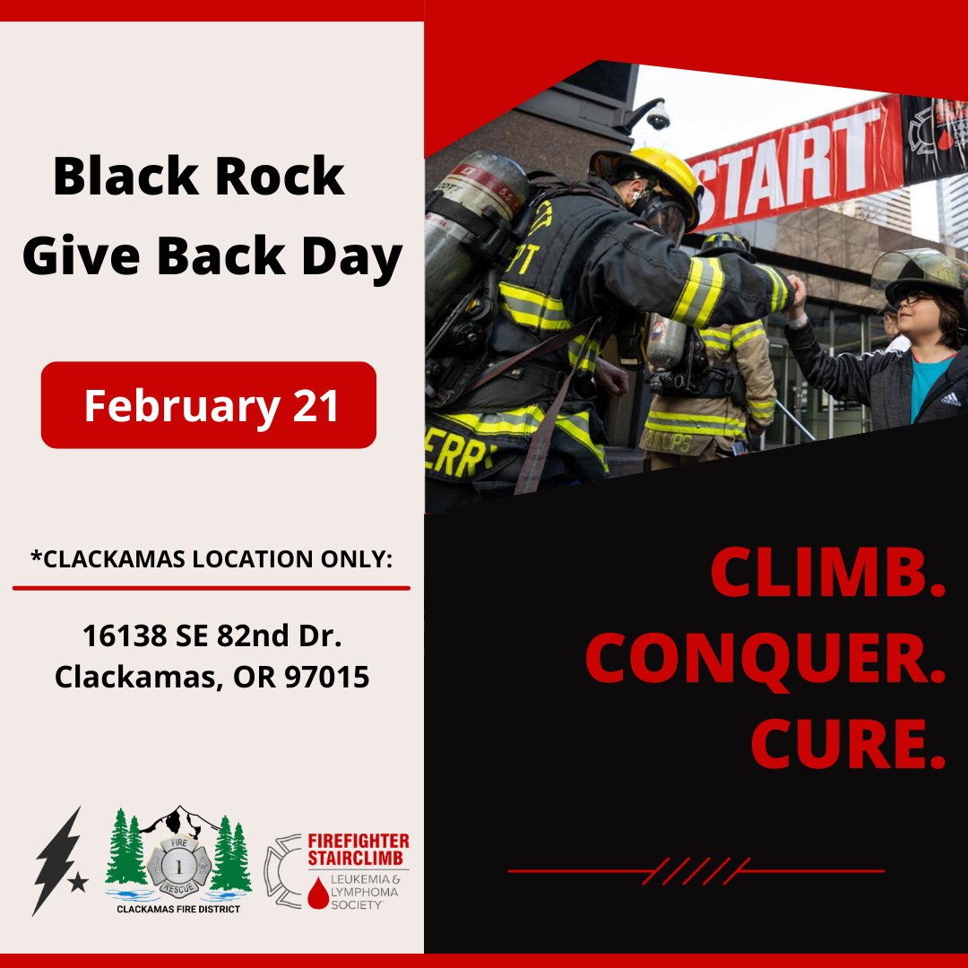 clackamasfire's tweet photo. Join us on Friday, Feb. 21, for the Black Rock Coffee #GiveBackDay to support our #Firefighter Stairclimb Team. Fuel up with our crews ONLY at the Clackamas location (16138 SE 82nd Dr.) & Black Rock will donate $2 for every regular-priced drink!
*All proceeds go towards @LLSusa. https://t.co/hZVK58DA4A