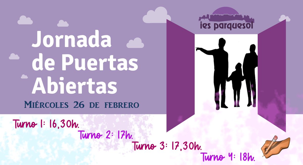 ✨ ¡Visita el IES Parquesol! ✨

📅 Miércoles 26 de febrero
🕓 Turnos: 16:30, 17:00, 17:30 y 18:00 horas
¡Ya puedes apuntarte a nuestra jornada de puertas abiertas! Ven y conoce nuestras instalaciones y proyecto educativo. 🏫✨
🔗 Solicita tu visita desde nuestra web 🌟