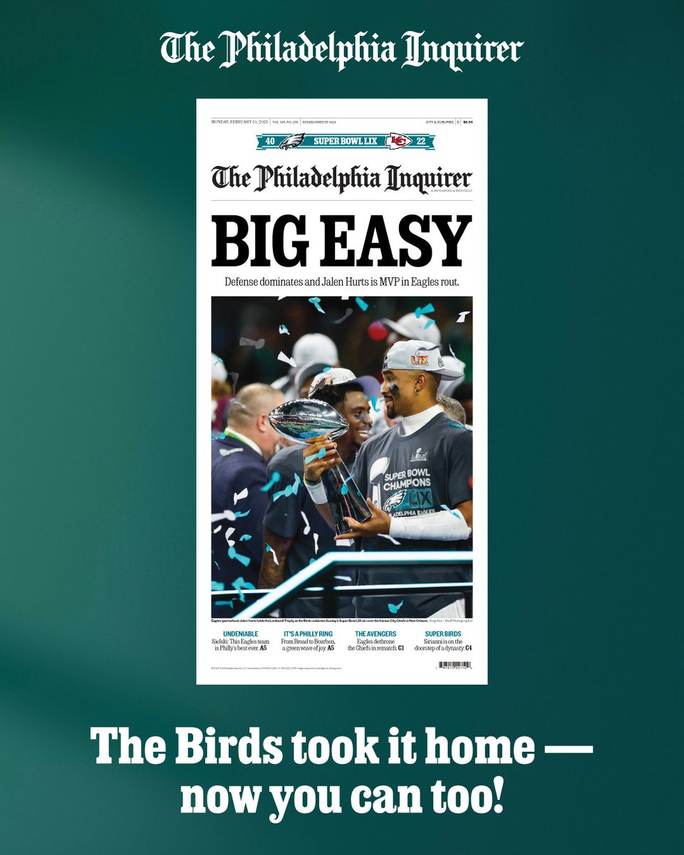 phillysport's tweet image. 📰 🦅 Looking for The Philadelphia Inquirer’s Eagles Super Bowl victory edition? Order your copy online at Inquirer.com/store.