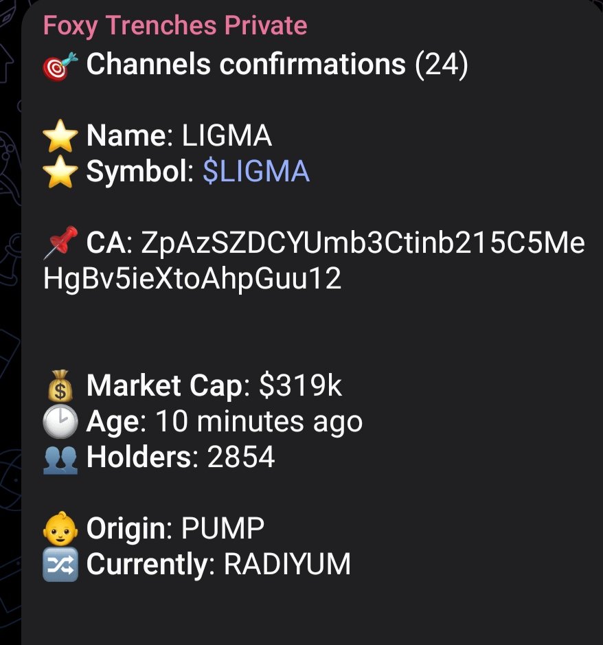foxytrenches's tweet photo. Private Degen Trenches 
Just made it huge 💰 

$LIGMA
300k to 111million - 370x🚀🚀

LFG 🚀 🚀 
This what my Bot is doing in private group now some members using my bot to make gain by themselves 😎🤑

To join trenches Group 
👇

https://t.co/tMOdl7gnWb https://t.co/zA5LrV037l