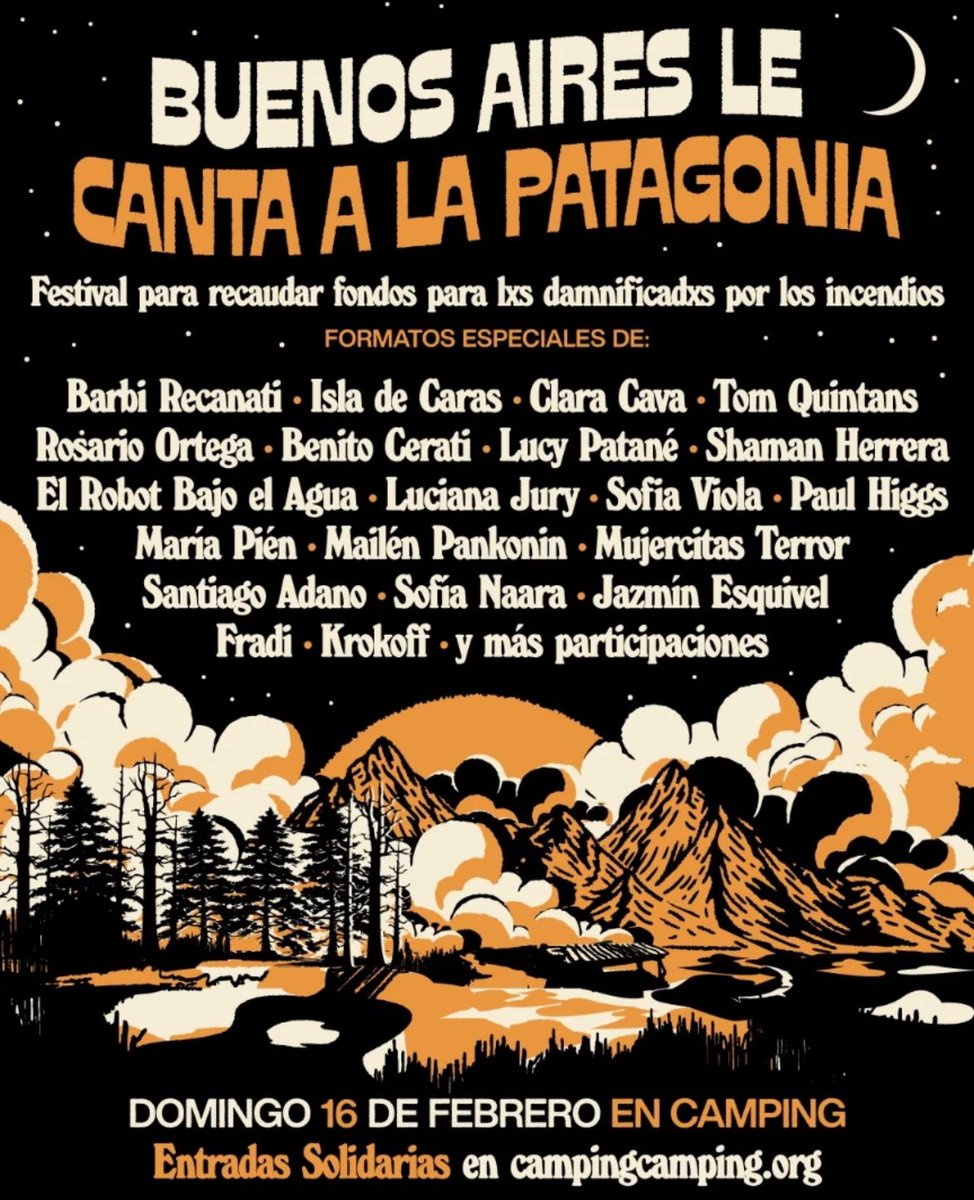 martin_eze0's tweet image. 💥 Buenos Aires le canta a la Patagonia

🗓️ 16 de febrero
📍 Camping

🎫 Este domingo bandas y artistas se presentan en CABA para recaudar fondos para los afectados por los incendios en el sur de nuestro país.

🎟️ Entradas, donaciones e info en: campingtickets.boleteria.online/musica/buenos-…