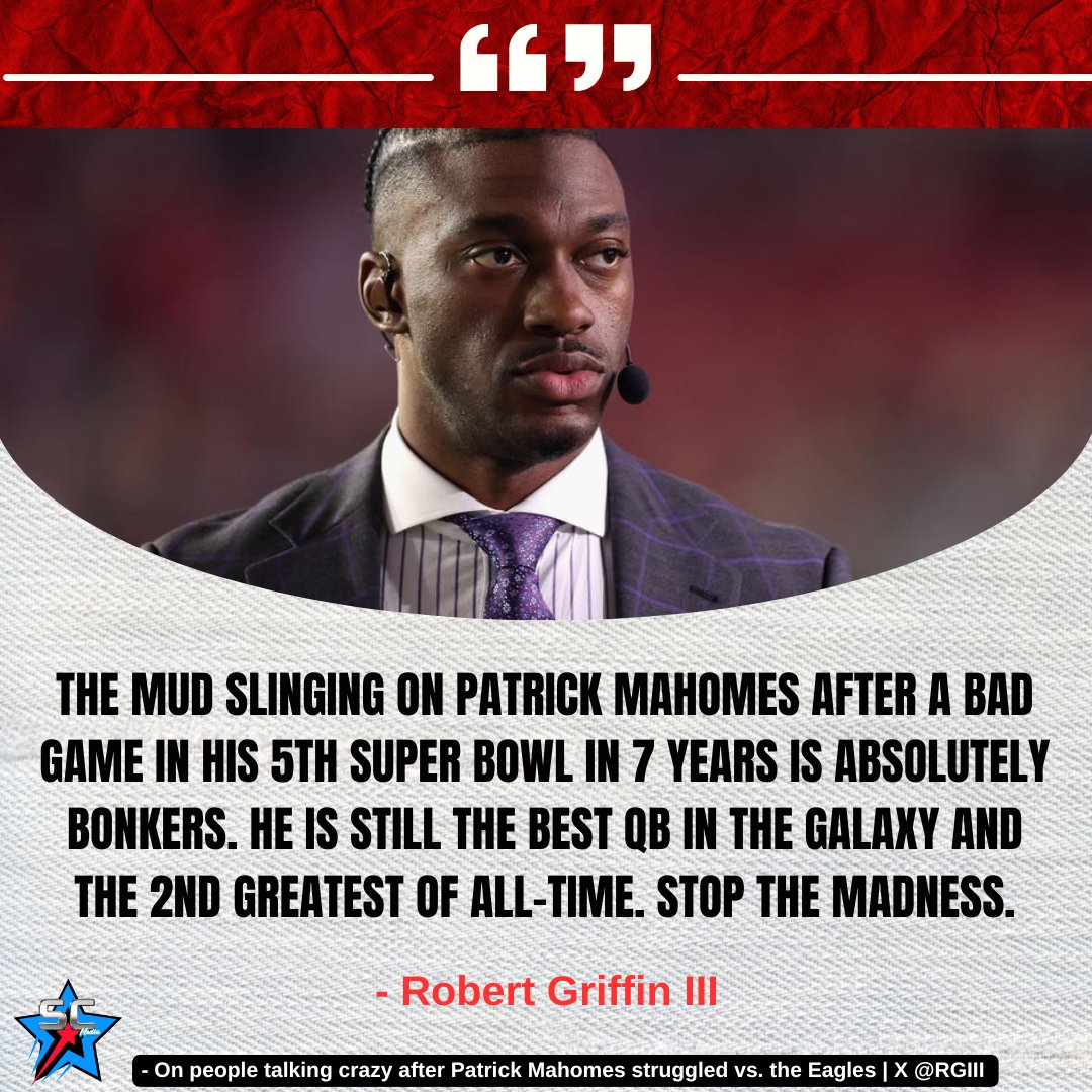 RGIII called out anyone slinging mud at #Mahomes after struggling vs. #Eagles. 

via | <a href="/RGIII/">Robert Griffin III</a>