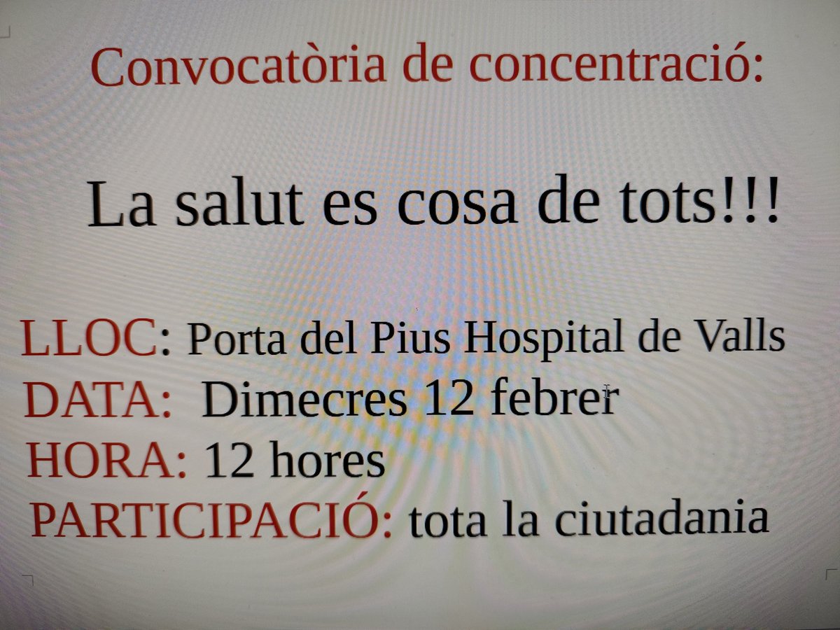 🚨🚨Els treballadors del Pius Hospital de Valls 
Demanem que ens acompanyeu
🫶🏻La salut es cosa de tots!!🫶🏻
✅Dimecres día 12 a les 12 hores a la porta del Pius. 

🙏 Necessitem el vostre suport!!!