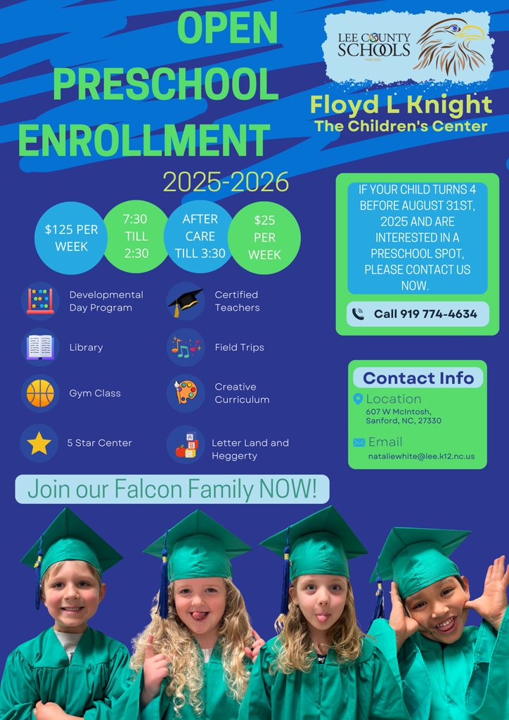 Preschool Enrollment is open for Floyd L. Knight The Children's Center! Enjoy a five-star center with fully certified teachers that are in place to help your child be ready to blossom in Kindergarten! If your child turns 4 before August 31st, contact FLK now at (919) 774-4634