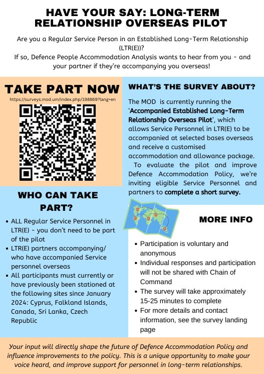 The Accompanied LTR(E) Overseas Pilot Survey is now open to access the survey scan the QR code on poster or click below for sway document 👇
ow.ly/v6Yx50UY3Xx
 #RAFHIVE  #RAF #ArmedForces #rafoverseas