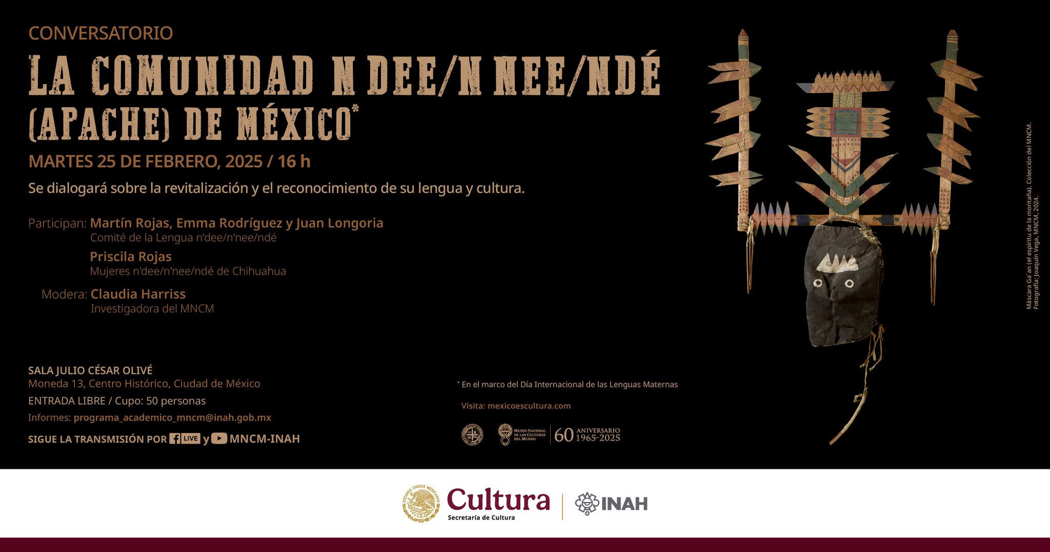 Museo Nacional de las Culturas del Mundo INAH on X: "Ven al #Conversatorio  “La comunidad n'dee/n'nee/ndé (apache) de México”. Escucha del  reconocimiento de su lengua y cultura. Modera: Claudia Harriss,  investigadora del