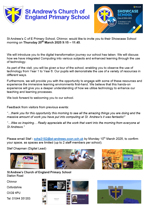 Stef Chapman (@chapman_stef) on Twitter photo Please come along to our Showcase morning at St Andrew's C of E Primary School Chinnor, Oxfordshire.
Put Thursday 20th March 2025 in your diary!
<a href="/MSEducationUK/">Microsoft Education UK</a>
<a href="/TurnITonSupport/">turn IT on</a>
#primarycomputing, #computingcoordinators Please come along to our Showcase morning at St Andrew's C of E Primary School Chinnor, Oxfordshire.
Put Thursday 20th March 2025 in your diary!
<a href="/MSEducationUK/">Microsoft Education UK</a>
<a href="/TurnITonSupport/">turn IT on</a>
#primarycomputing, #computingcoordinators