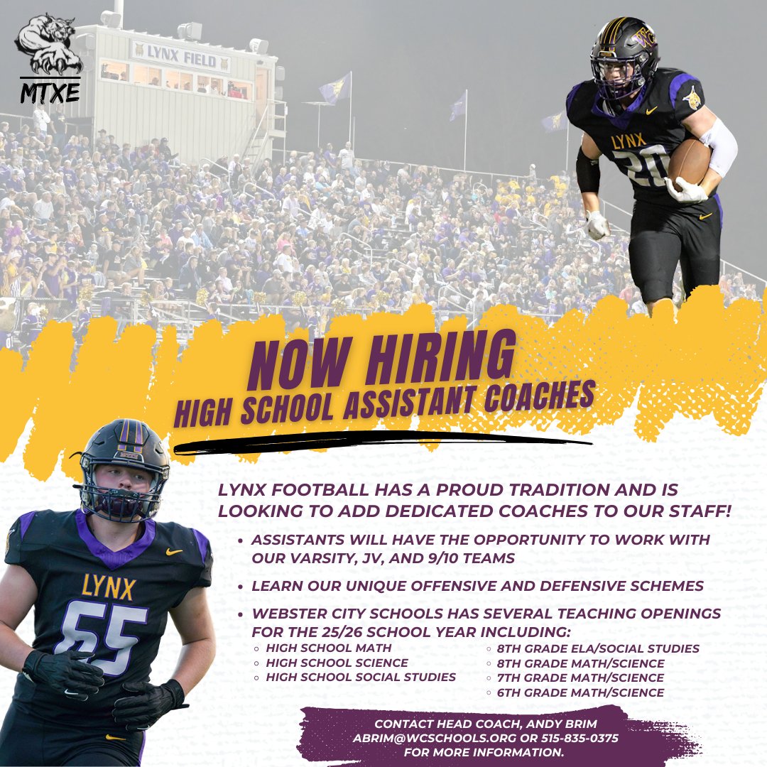 wclynxfootball's tweet photo. We are looking to add TWO coaches to our staff and have multiple teaching positions available!! https://t.co/R8y2FYlFy8
