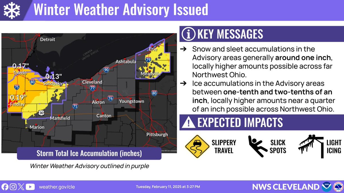A wintry mix of snow, sleet, and freezing rain enters the forecast area Wednesday afternoon into Wednesday night. A Winter Weather Advisory has been issued for NW OH and NW PA where highest ice accumulations are likely. #ohwx #pawx
