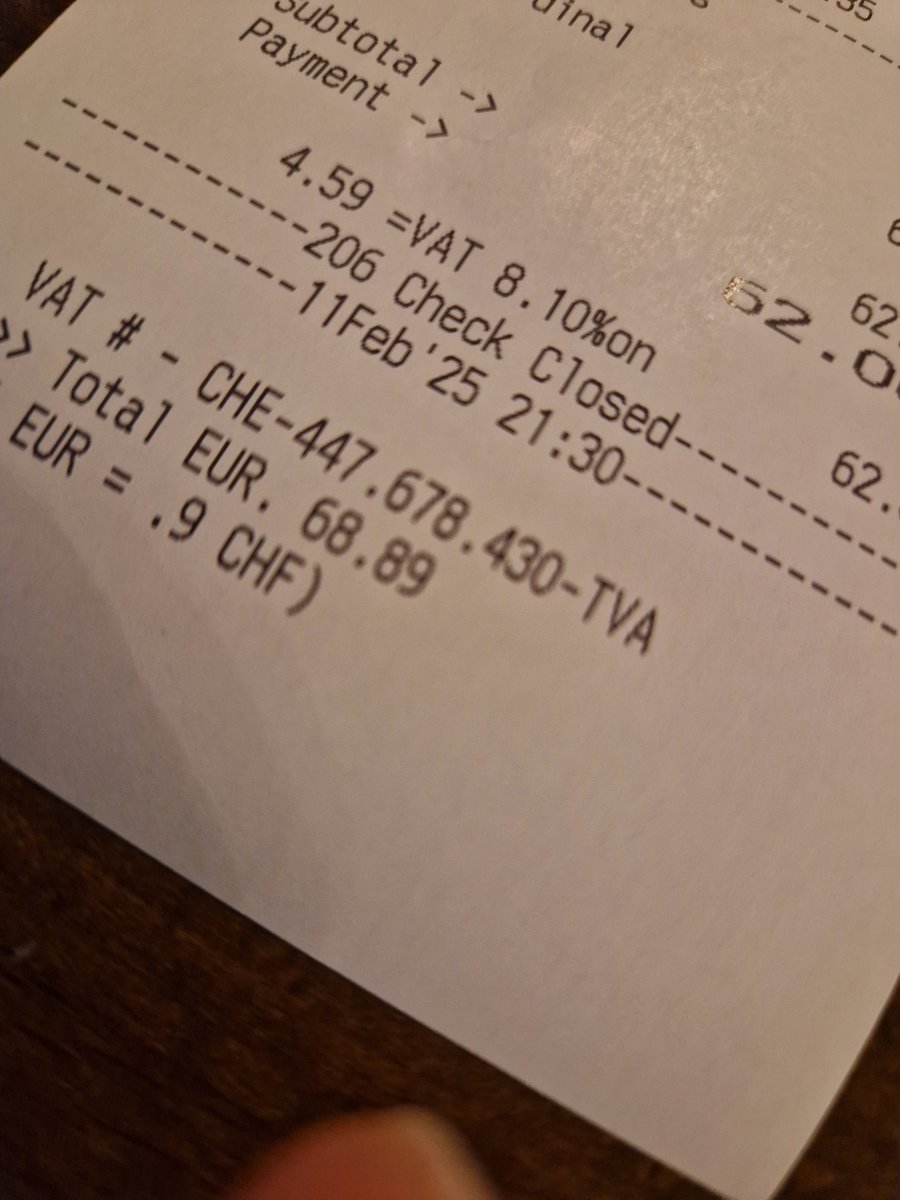 Faultless Hospitality in Switzerland on this Tuesday evening, in February. 

Every bar and restaurant is full.

VAT rate 8.1%