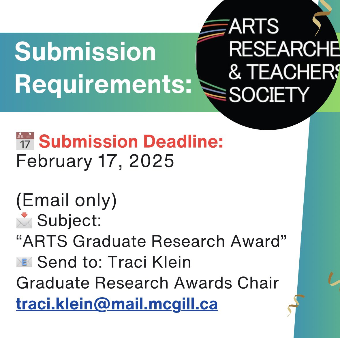 The ARTS SIG of CACS is awarding a prize for
🏆 Master’s thesis/project

📌 Eligible: Works accepted in 2024
📍 Winners present at CSSE 2025, Toronto (Doctoral awardees may get funding!)
Deadline: Feb 17

#ArtsResearch #GraduateAwards #CSSE2025 #CACS #ArtsEducation