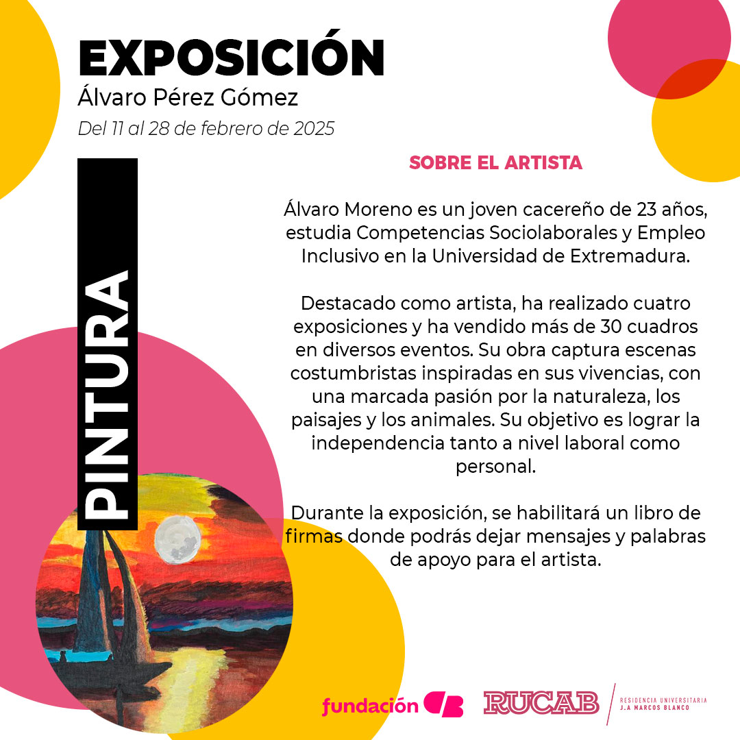 🎨 Del 11 al 28 de febrero, disfruta la EXPOSICIÓN de Álvaro Moreno 🖌 en la #RUCAB.

Joven cacereño de 23 años, su obra captura escenas costumbristas con gran conexión a la naturaleza, paisajes y animales . 🌿🎭

#AcciónSocial #Pintura #Exposición <a href="/_FundacionCB/">Fundación CB</a>