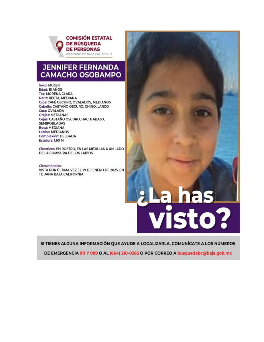 La Comisión de Búsqueda de Personas solicita su valiosa colaboración para  dar con el paradero de: *** JENNIFER FERNANDA CAMACHO OSOBAMPO ***  Cualquier información sobre su paradero comunícate vía #inbox o a, image size:927x1200