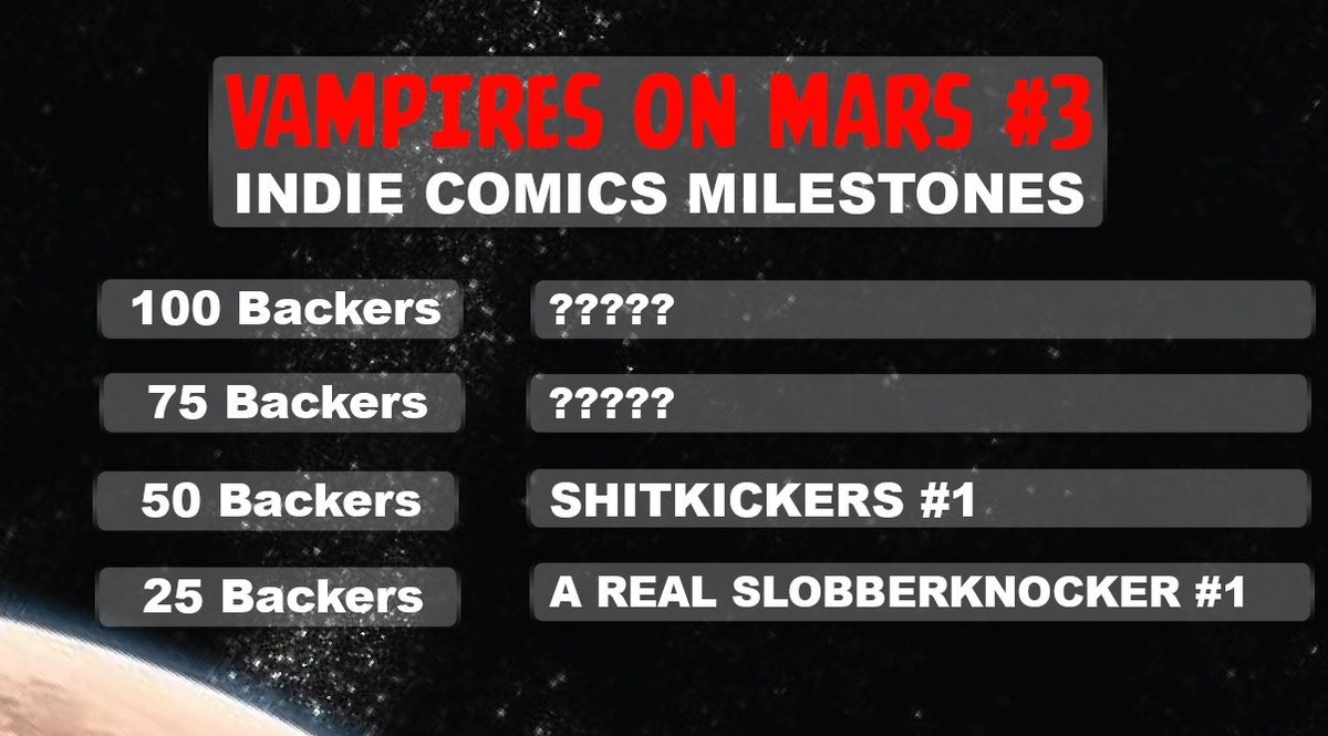 George.W.O'Connor—makin' stuff. (@lazyhorde) on Twitter photo 8 hours in and already 2 PDFs unlocked & a 3rd in 2 more backers!
Back Vampires on Mars #3, and you'll reap the rewards of our backer milestones. Huge thanks to <a href="/JamesFerguson/">James Ferg - A REAL SLOBBERKNOCKER RETURNS SOON!</a> & Joey Esposito for making their books available.
Jump on board: kck.st/3EzoEo6 8 hours in and already 2 PDFs unlocked & a 3rd in 2 more backers!
Back Vampires on Mars #3, and you'll reap the rewards of our backer milestones. Huge thanks to <a href="/JamesFerguson/">James Ferg - A REAL SLOBBERKNOCKER RETURNS SOON!</a> & Joey Esposito for making their books available.
Jump on board: kck.st/3EzoEo6