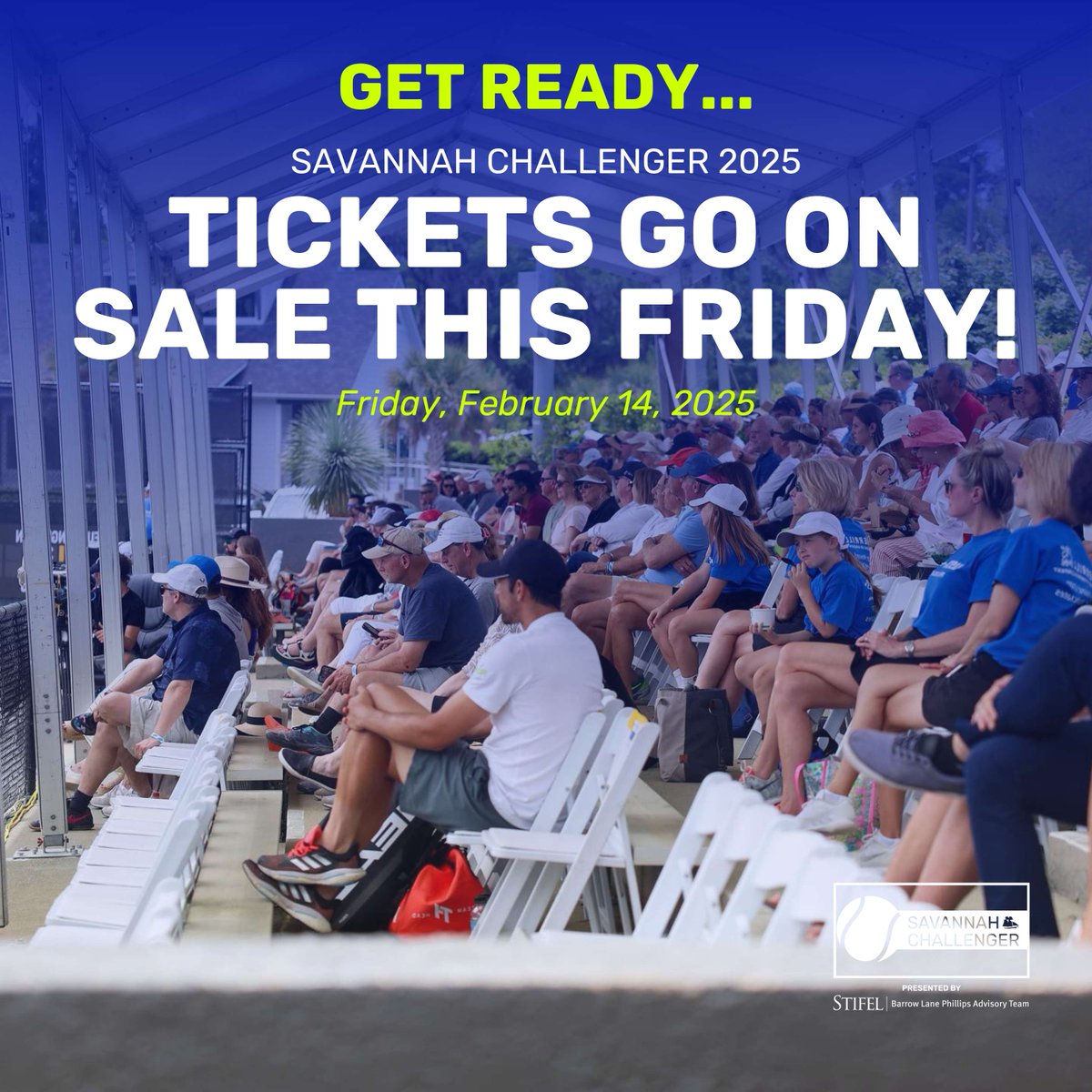Get ready, Savannah! 🎾 Tickets for #SavChallenger2025 go on sale THIS FRIDAY, February 14! Don’t miss your chance to see world-class tennis up close.

📅 Set your reminder and grab your tickets for the week-long tournament this Friday at savannahchallenger.com/tickets.