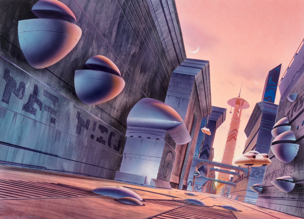 HumanoidHistory's tweet photo. Fantastic sci-fi cities, illustrated by Chris Moore (1947-2025). https://t.co/G4ETAfo8RK
