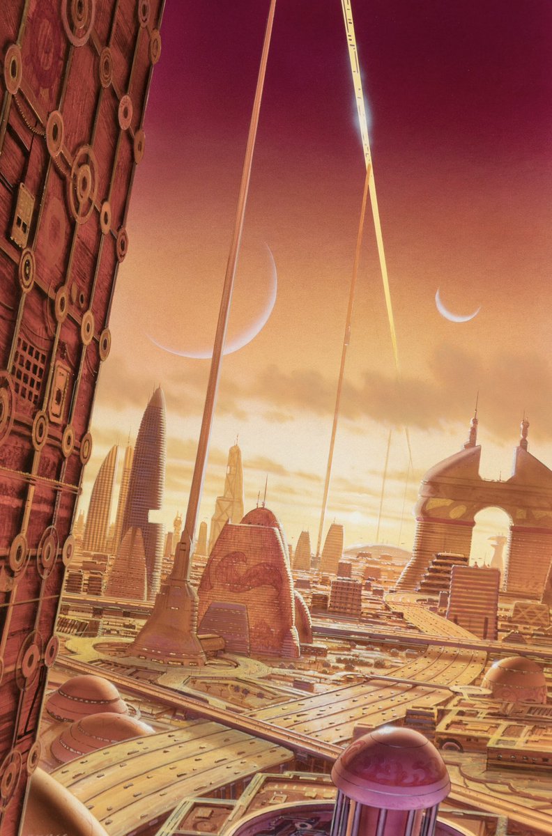HumanoidHistory's tweet photo. Fantastic sci-fi cities, illustrated by Chris Moore (1947-2025). https://t.co/G4ETAfo8RK