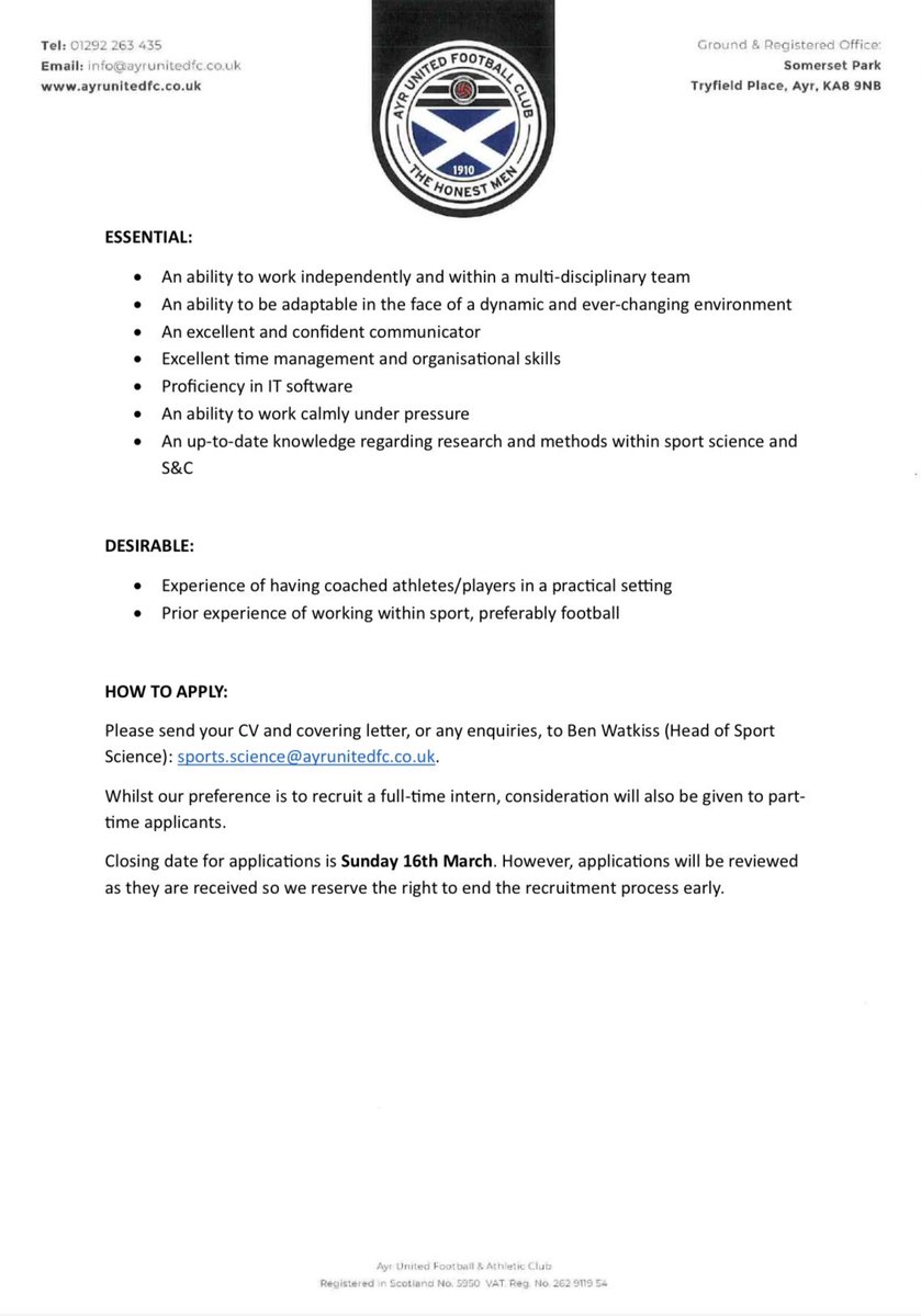 We're looking to offer a sport science/strength &amp; conditioning internship for the 2025/26 season. This would offer a great opportunity for somebody looking for a career in professional football to gain experience in a hands-on role.
Any questions, please drop me a message.