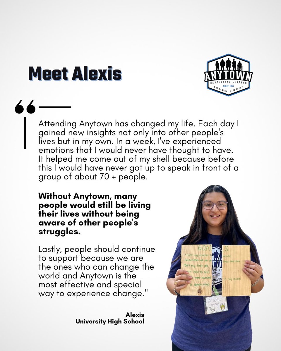 Meet Alexis! Alexis attended <a href="/AnytownCamp/">Anytown Leadership Camp</a> in Summer 2024! Registration is OPEN for our 2025 camp! REGISTER TODAY at anytown.typeform.com/Anytown

#PeopleofAnytown #WeAreAnytown