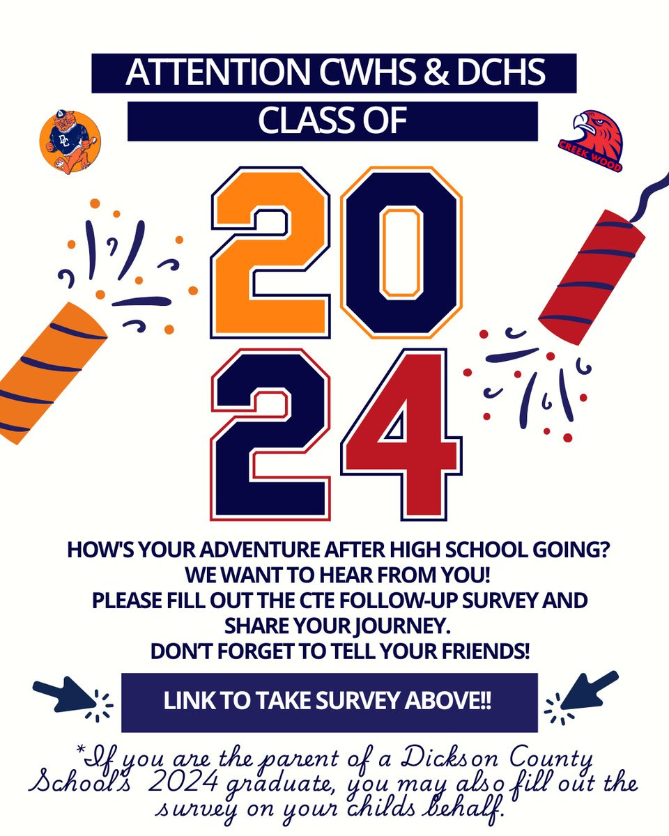 Attention Dickson County Graduates Class of 2024!! We need to hear from you. Please take the quick survey below:
docs.google.com/forms/d/e/1FAI…