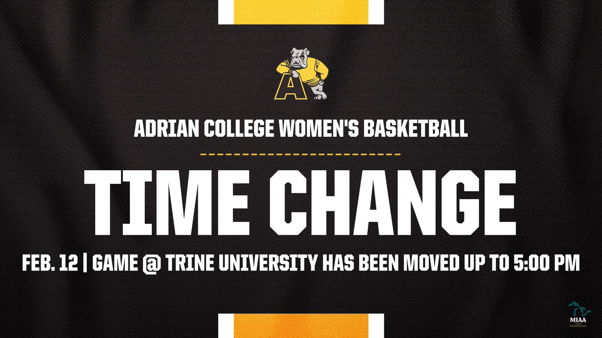 Adrian College Athletics (@adrianbulldogs) on Twitter photo The <a href="/acwb_basketball/">ACWBasketball</a> road game @ Trine University has been moved up to 5:00 PM tomorrow.
#d3hoops #GDTBAB The <a href="/acwb_basketball/">ACWBasketball</a> road game @ Trine University has been moved up to 5:00 PM tomorrow.
#d3hoops #GDTBAB