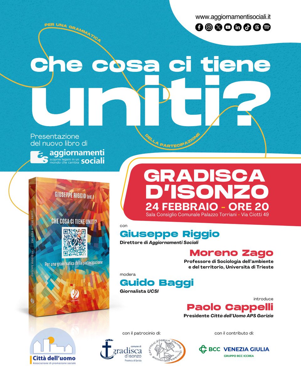 CHE COSA CI TIENE UNITI? PER UNA GRAMMATICA DELLA PARTECIPAZIONE
L’iniziativa organizzata dalla Città dell’Uomo
Partirà da questa domanda la serata di lunedì 24 febbraio 𝟐𝟎𝟐𝟓 𝐚𝐥𝐥𝐞 𝐨𝐫𝐞 20.00 a Gradisca d’Isonzo nella Sala del Consiglio Comunale  <a href="/aggsoc/">Aggiornamenti Sociali</a>