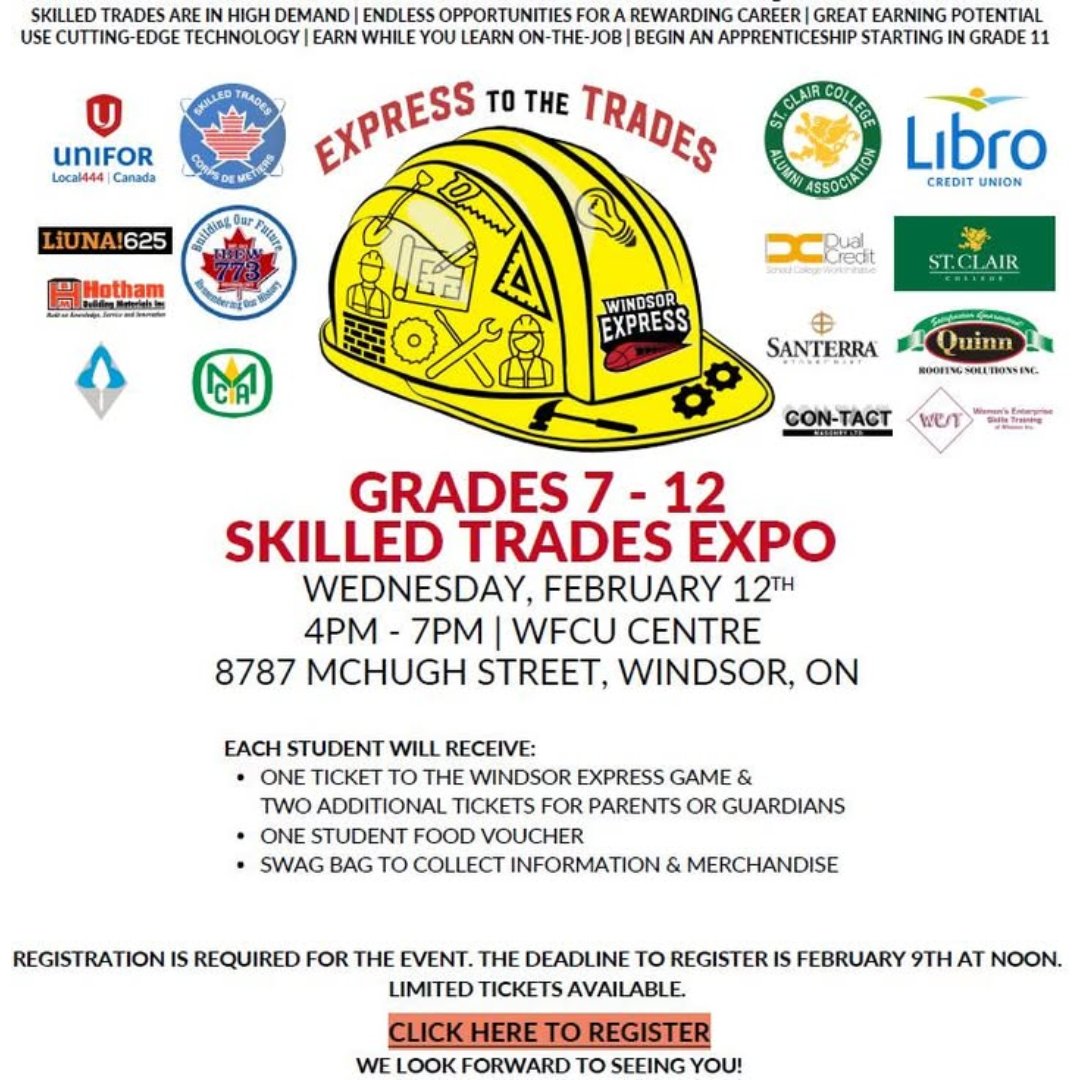 Tomorrow‼️Students in Grades 7-12 are welcome to attend the 4th annual Express To The Trades Skilled Trades Expo hosted by the Windsor Express Basketball Club. The Feb. 12 event goes from 4-7 pm at the WFCU Centre.
