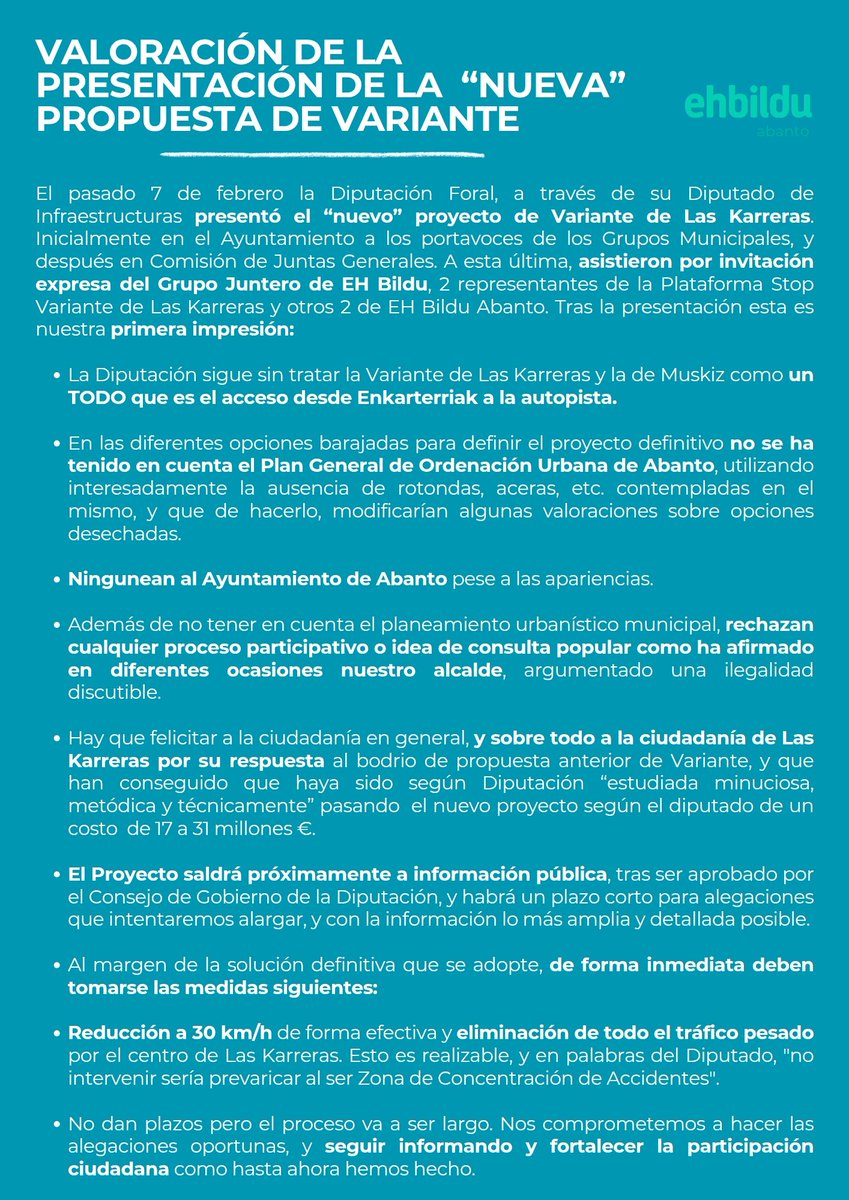 ✍🏻Hau da Diputatuaren azalpenei buruzko gure balorazioa Saihesbide-proiektuaren "berriaren" inguruan

✍🏻 Esta es nuestra valoración sobre la explicación del Diputado en torno al "nuevo" proyecto de Variante

#laskarreras #abanto #abantozierbena