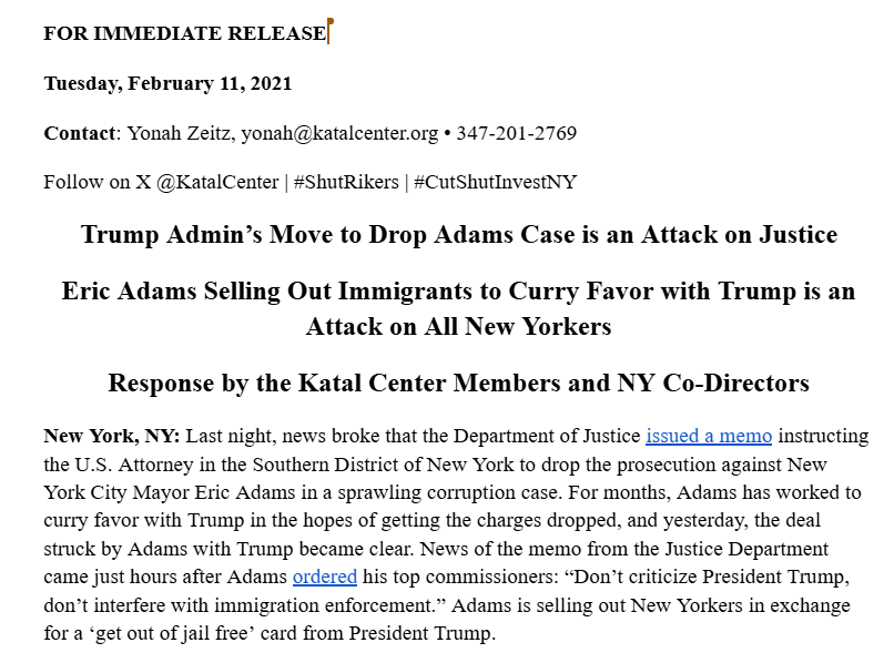 RELEASE: Today we issued a statement in response to <a href="/NYCMayor/">Mayor Eric Adams</a>  selling out New Yorkers in exchange for a ‘get out of jail free’ card from Trump. We reject the craven move by Adams to throw our immigrant neighbors under the bus. 

See our statement here: katalcenter.org/trump-admins-m…