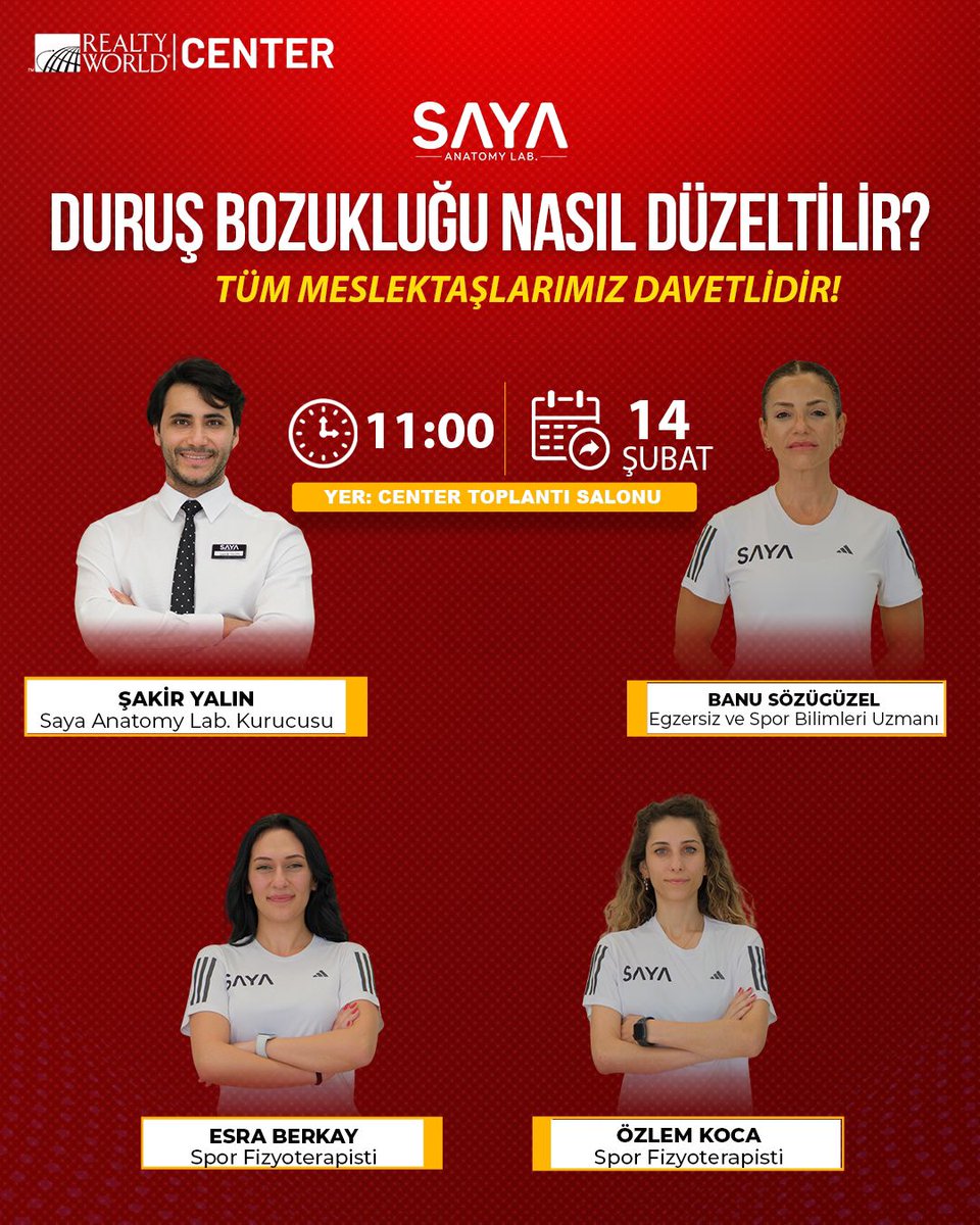BurcuCenter's tweet photo. 🗓️ 14 Şubat Cuma günü ⏰ 11:00’de 📍 Center Toplantı Salonunda SAYA ANATOMY LAB. tarafından “Duruş Bozukluğu Nasıl Düzeltilir?” semineri olacaktır. Tüm meslektaşlarımız davetlidir.
#sayaanatomylab.
#duruş 
#centergayrimenkul https://t.co/Fsj1NFuorA
