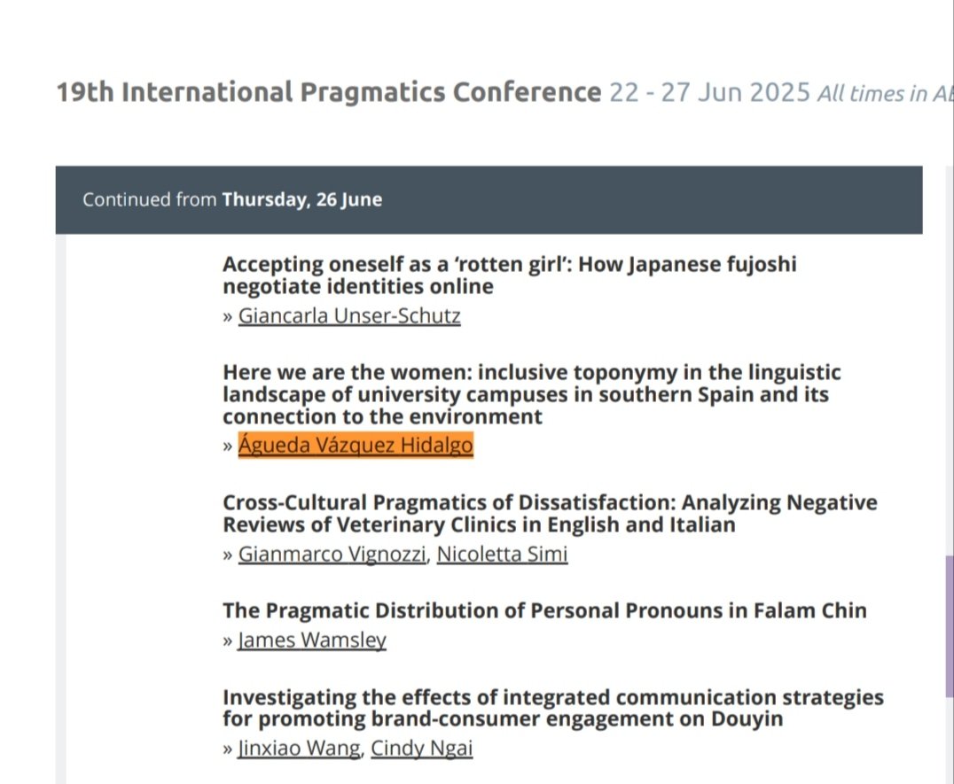 🌏 A finales de junio participaré en el Congreso Internacional de Pragmática en Brisbane <a href="/IPrA2025/">IPrA2025</a> con un estudio preliminar sobre la representación de las mujeres en el #PL de las universidades andaluzas. ¡Super contenta con esta oportunidad! 😊
