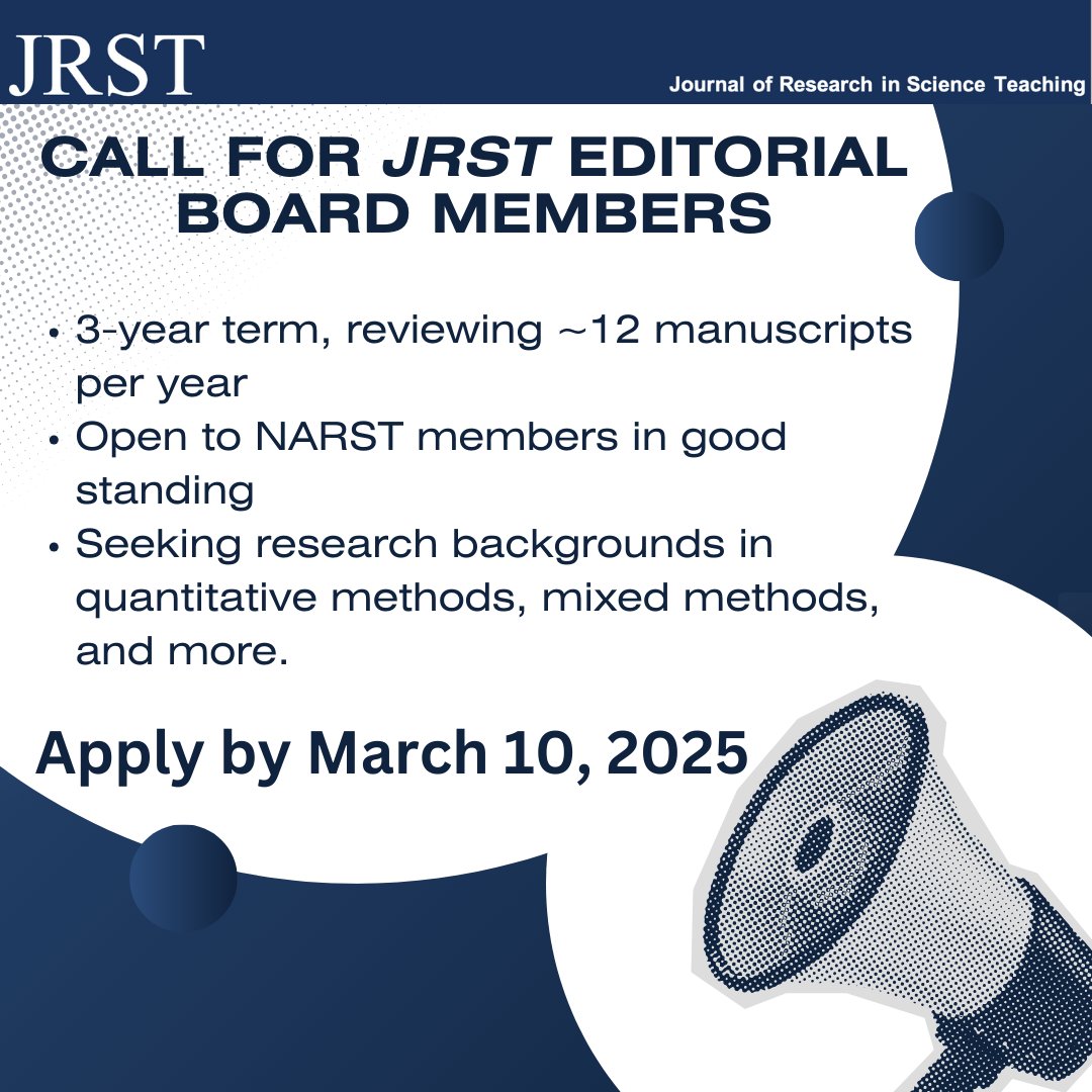 Matthew Kloser (@mattkloser) on Twitter photo <a href="/JRSTpub/">Journal of Research in Science Teaching</a> is seeking dedicated scholars to join our Editorial Board! Consider contributing to the profession, shaping the field, & ensuring the quality of science education research.
๐ Apply by ๐ ๐ฎ๐ฟ๐ฐ๐ต ๐ญ๐ฌ, ๐ฎ๐ฌ๐ฎ๐ฑ: shorturl.at/gjQ1F
โContact jrst@nd.edu <a href="/JRSTpub/">Journal of Research in Science Teaching</a> is seeking dedicated scholars to join our Editorial Board! Consider contributing to the profession, shaping the field, & ensuring the quality of science education research.
๐ Apply by ๐ ๐ฎ๐ฟ๐ฐ๐ต ๐ญ๐ฌ, ๐ฎ๐ฌ๐ฎ๐ฑ: shorturl.at/gjQ1F
โContact jrst@nd.edu