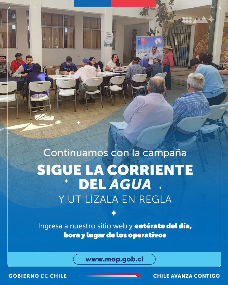 ¡Seguimos! Participa en las jornadas de acompañamiento de la campaña “Sigue la corriente del agua y utilízala en regla”. 💧✨

Visita mop.gob.cl para conocer el calendario actualizado de operativos sobre inscripción y registro de derechos de aprovechamiento de aguas.
